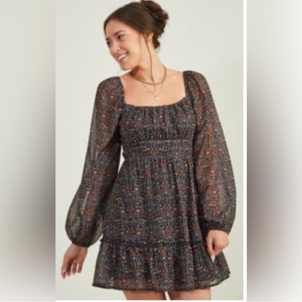 Altar'd State Floral Print Long Sleeve Square Neck Ruffle Detail Dress Size M